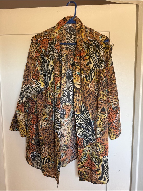 Vintage Tops - Women's Animal Print Open Front Blouse - Brown/Orange - needs a fix